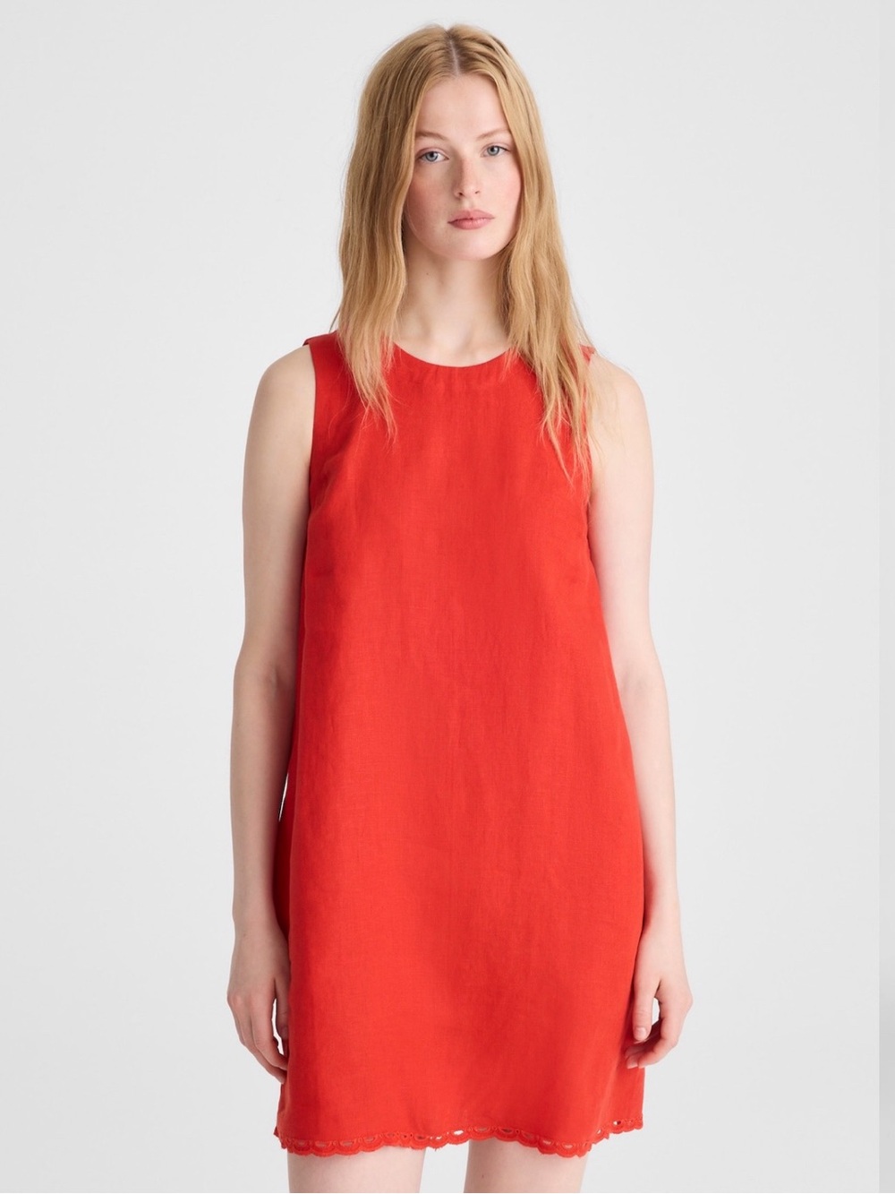 Madewell Red Linen Sleeveless Mini Dress with eyelet trim